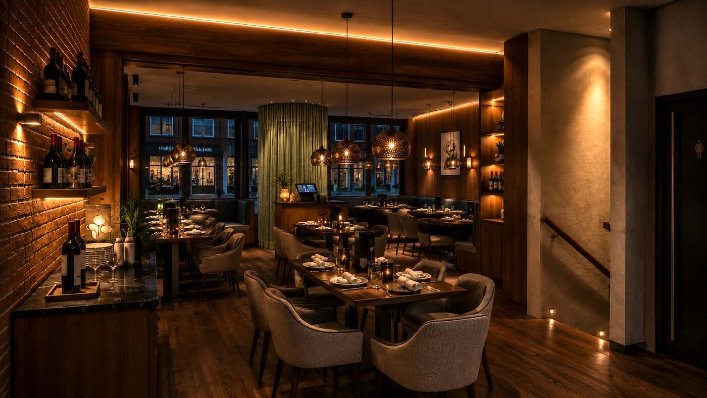 The Lloyd dining room, showing banquette seating and hanging pendant lights.