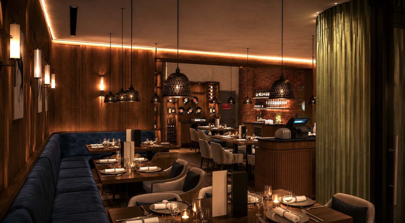The Lloyd bar area with wine display and open shelving.